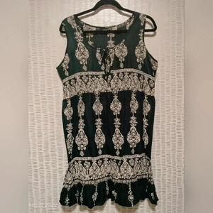 a.n.a Size XL Women's Tie Neckline Black Tan Boho Lightweight Cotton Dress